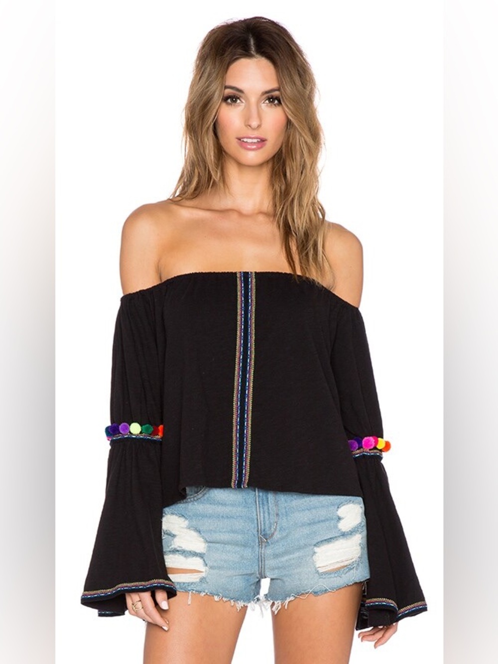 Pitusa Black Off-Shoulder Top with Rainbow Pom Pom Trim